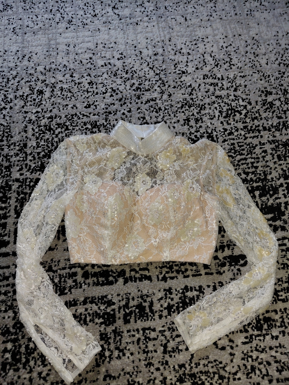 Sherri Hill Size 00 White Pearl Beaded Lace Open Back Cropped Prom Top High Neck - Picture 4 of 14